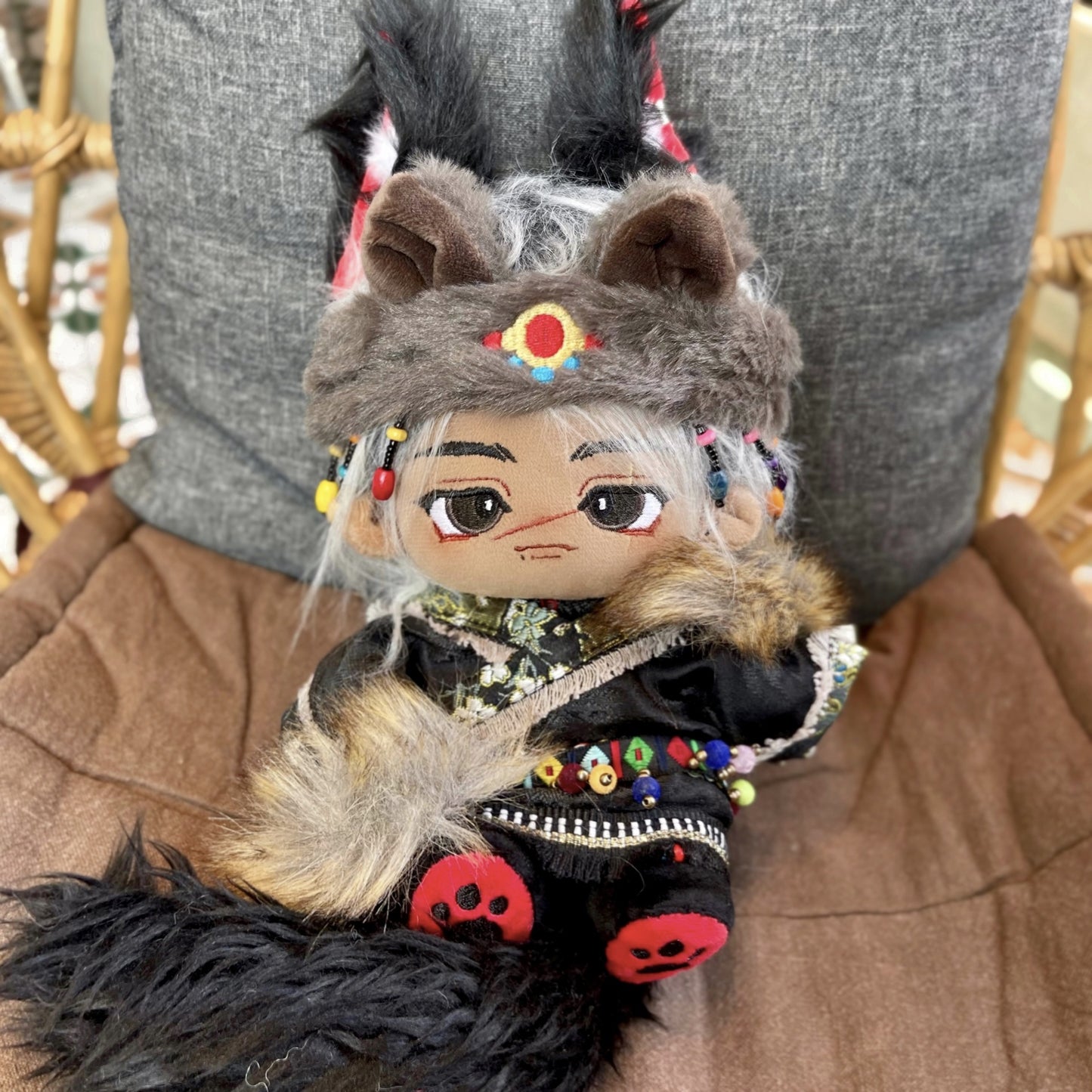 20 cm Cotton Doll Sythetic Fiber Hair Brown Leather Star Doll with Skeleton Animal Tail In Stock